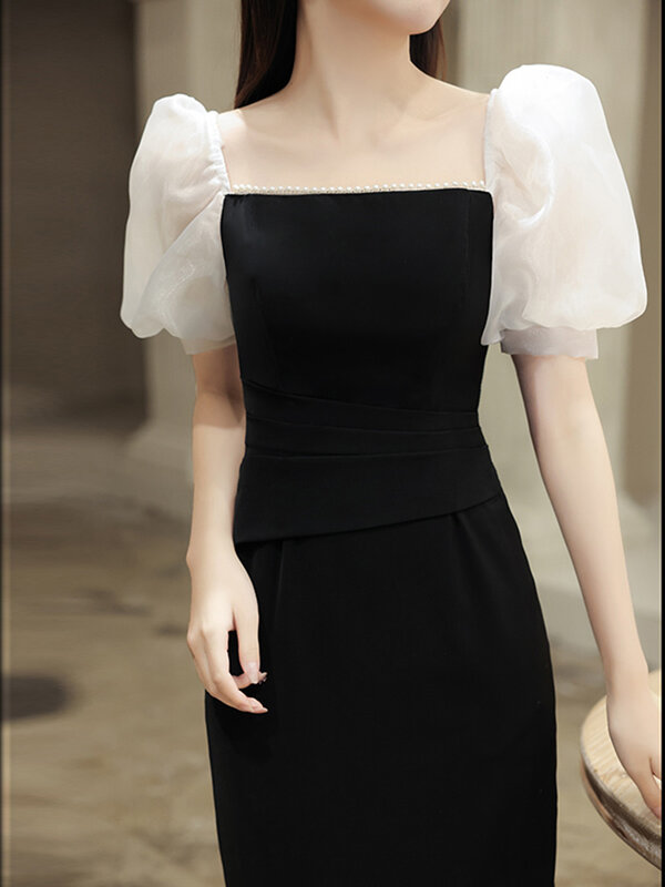 Черное женское вечернее платье, новинка 2022, простые облегающие деловые платья с буффами на рукавах, жемчужинами и квадратным вырезом, элегантные женские платья
