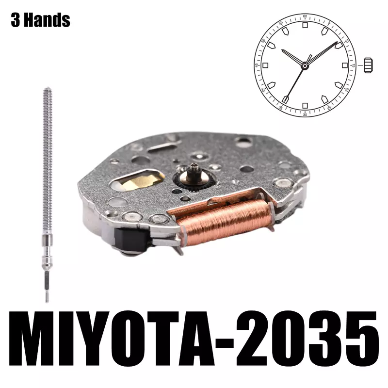 MIYOTA 2035 Standard | Kwarcowe ruchy białe 3 ręce rozmiar: 6 3/4 × 8 ''he: 3.15mm-twój silnik-metalowy ruch wykonany w Japonii.