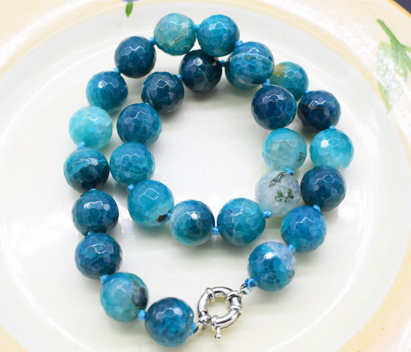 12mm blauer Achat runde facettierte Halskette 18 Zoll Großhandel Perlen Natur