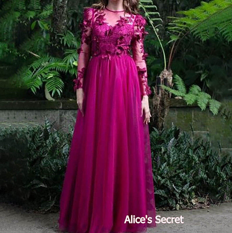 Tulle A Line Prom Dresses Evening Party Gowns Long Sleeves O Neck 3D Flowers Appliques Pleat Floor Length  فساتين السهرة
