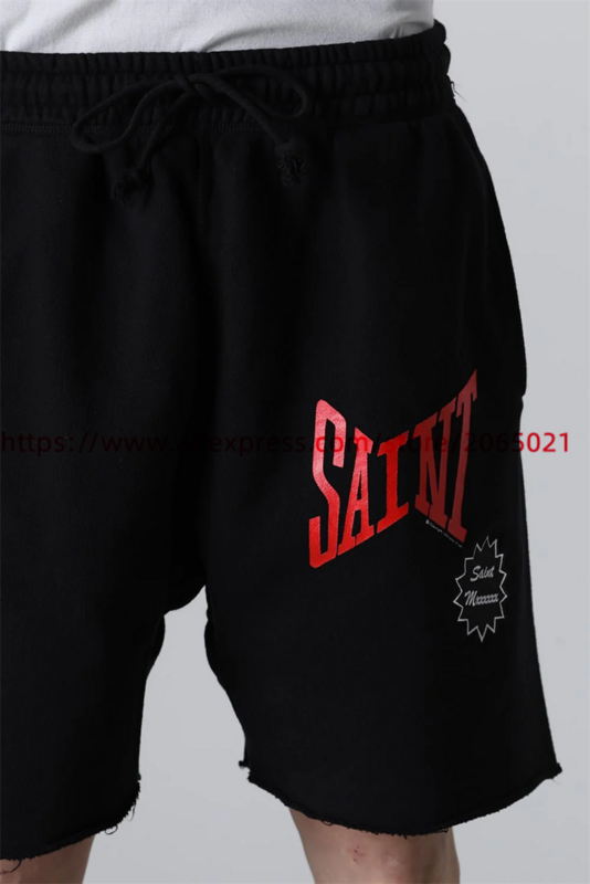 Calções de damasco preto Saint masculino e feminino, jogger casual, calções soltas com cordão com etiquetas, melhor qualidade