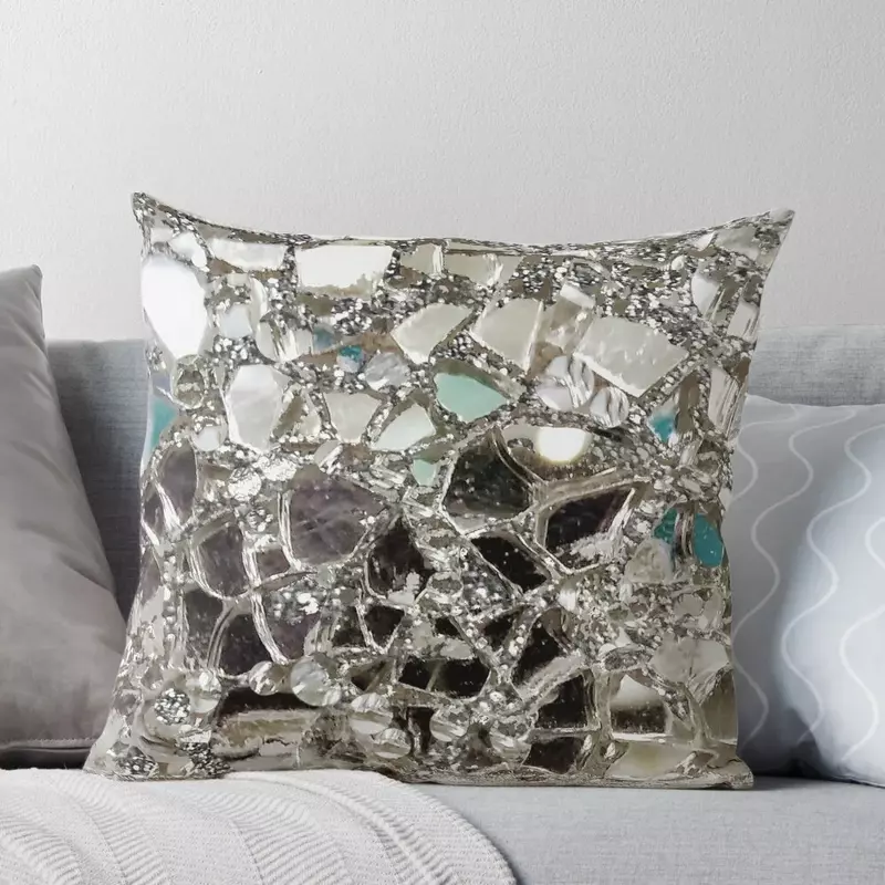 Фотографическое изображение сверкающий серебряный блеск, стекло и зеркальная декоративная подушка, декоративная подушка