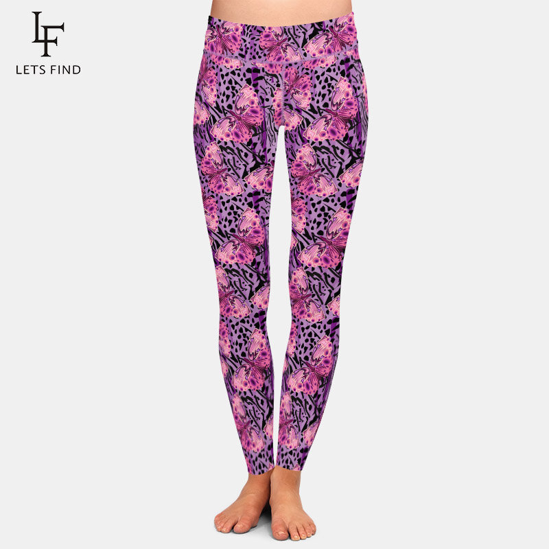 Letsfind moda 3d rosa borboletas sobre o leopardo impressão digital leggings de cintura alta feminino magro leggings