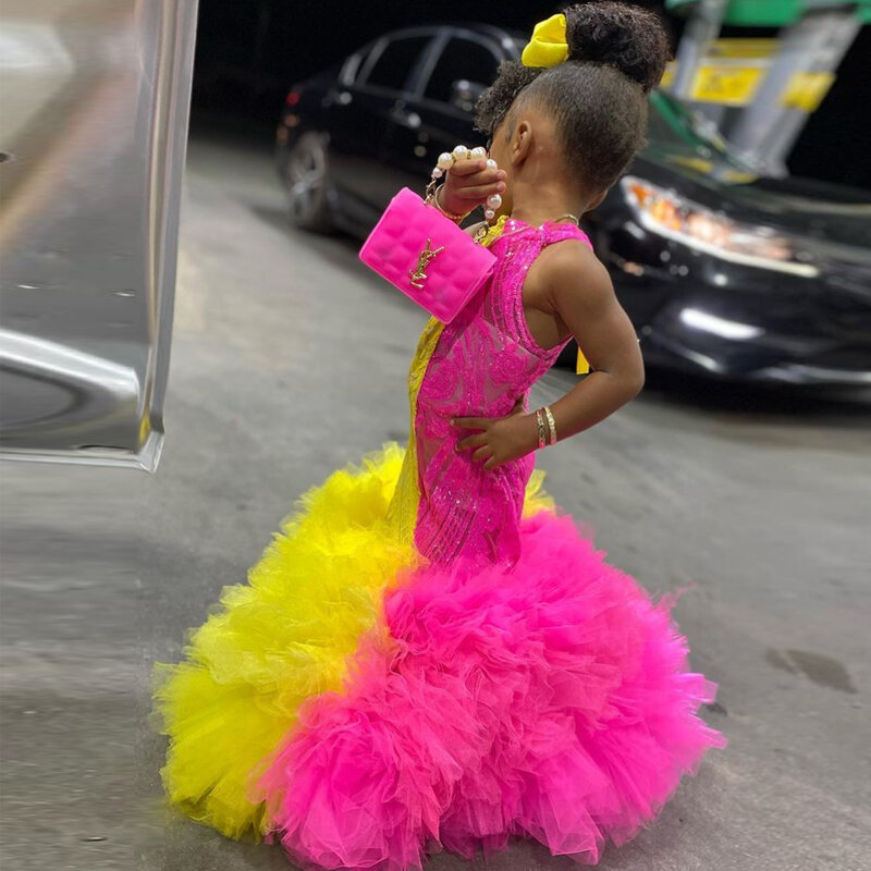 Piękne małe dziewczynki suknie urodzinowe z cekinowym sukienka syrenka dziecięcym Tiere Bottom Fishtail sukienka na konkurs piękności