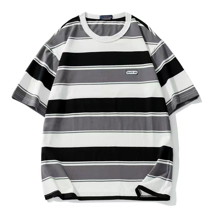 Homens e mulheres soltas de manga curta Main Striped T-shirts, cor de contraste, casais, verão, novo, 2022