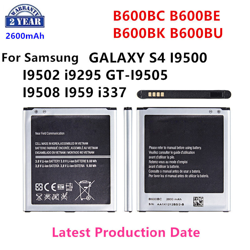 Bateria para Samsung Galaxy S4, B600BC, B600BE, B600BK, B600BU, 2600mAh, I9500, I9502, i9295, GT-I9505, I9508, i337, sem NFC, novo