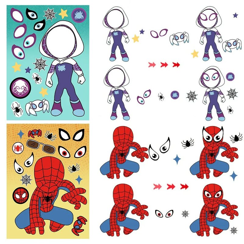 8 lembar Disney Marvel Spiderman Iron Man stiker membuat wajah permainan stiker anak-anak gadis DIY Notebook anak-anak merakit Jigsaw mainan