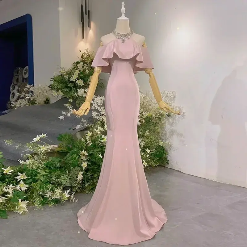 Gaun Prom untuk wanita rok Halter tanpa lengan ruffle Fishtail merah muda gaun pesta pernikahan gaun pesta wanita Vestidos De Festa