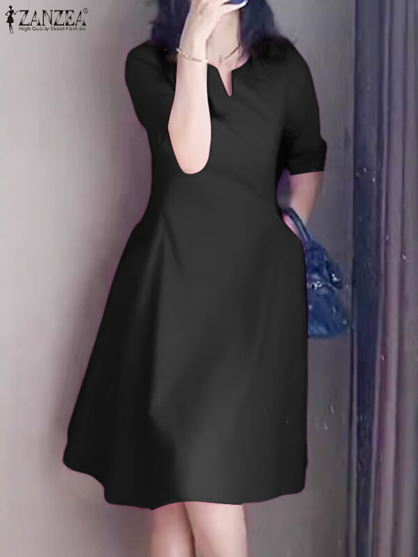 Платье ZANZEA женское с коротким рукавом, модное однотонное Элегантное повседневное до колена, с V-образным вырезом и карманами, в Корейском стиле, на лето