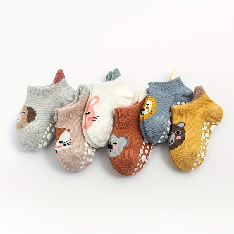 Chaussettes coordonnantes à motif animal de dessin animé pour enfants, chaussettes carillon pour tout-petits, chaussures mignonnes avec colle à pois, garçons et filles, 6 paires