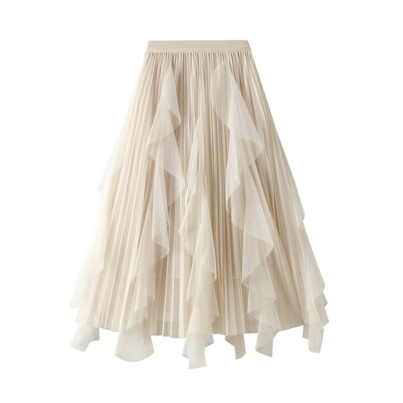 Women's Skirts 2024 Summer High Waist Ruffles Mesh Long Tulle Irregular Hem Mesh Tutu Skirt Lady Elegant Solid Party Gown Dress
