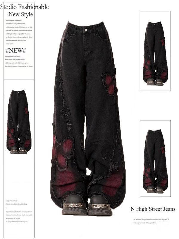 Damskie czarne gotyckie workowate dżinsy Harajuku Y2k estetyczne motylkowe spodnie jeansowe koreańskie spodnie dżinsowe Vintage 2000s tandety