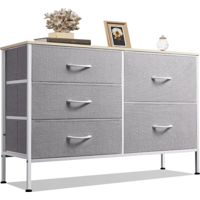 Dresser for Bedroom with 5 Drawers, Wide Bedroom Dresser with Drawer Organizers, Chest of Drawers, Fabric Dresser