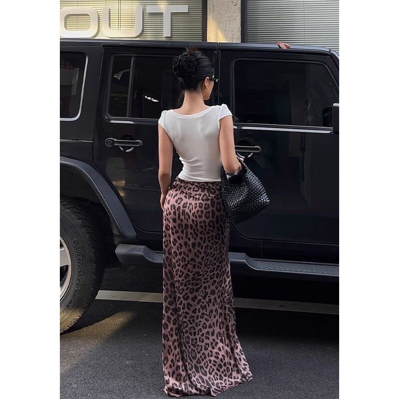Deeptown-saia maxi sexy com estampa de leopardo para mulheres, babado vintage, saia longa elegante, streetwear de verão, moda Y2K