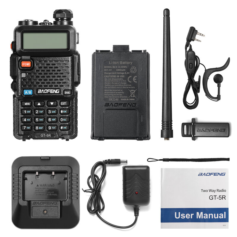 Baofeng GT-5R podręczne radio z szynką, walkie-talkie dla dorosłych, zgodne z FCC, czarne
