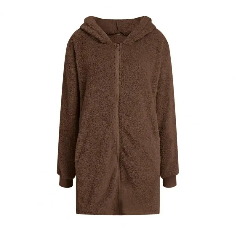 Chaqueta de felpa con capucha para mujer, cárdigan cálido de manga larga con bolsillos y cierre de cremallera, invierno, otoño