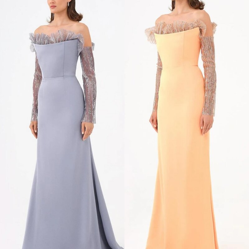 Gaun pesta berpayet model A-line, gaun pesta Off-the-shoulder yang dipesan sesuai pesanan, Gaun panjang