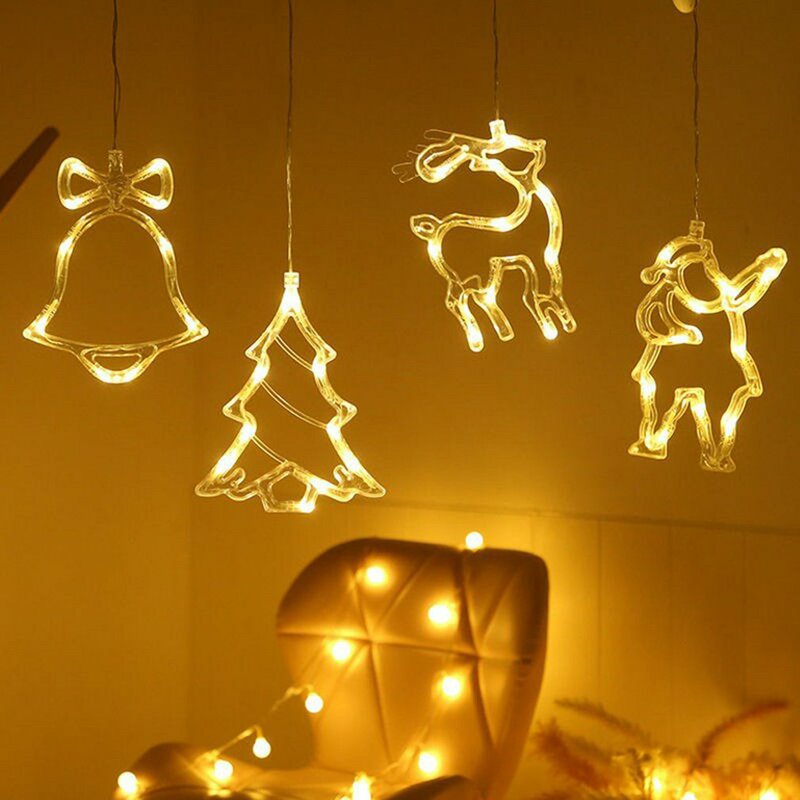 New Christmas Bell Snowman Star Lights Holiday Window Decor LED Sucker Lights Battery Powered Xmas Garland for Home Decor Lamps