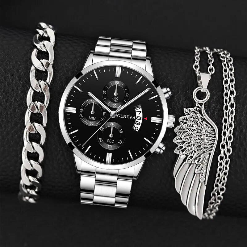 Ensemble de montre-bracelet à quartz en acier inoxydable pour hommes, montres à calendrier d'affaires, bracelet en argent, collier d'ailes, mode décontractée, 3 pièces