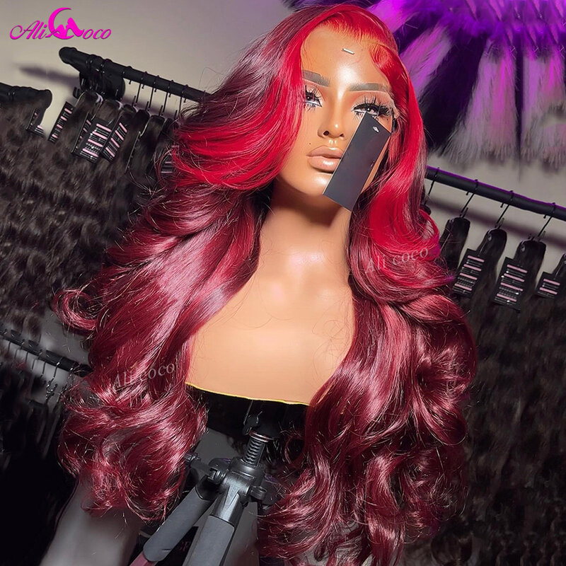 Peruca de cabelo humano para mulheres, peruca frontal de renda transparente, pré-arrancada, destaque vermelho da Borgonha, colorido, 13x6