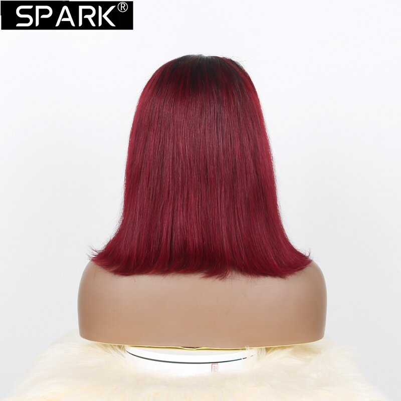 SPARK T1B/99J prosty Bob czerwony bordowy peruki z krótkim bobem 13x4 koronkowe peruki z przodu dla damskie ludzkie włosy przezroczystej koronki 180% gęstości