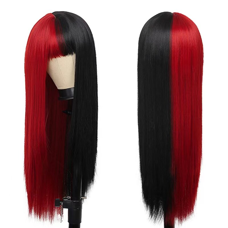 Proste włosy damskie czarno-czerwone peruka z grzywką włosy lolita naturalny wygląd peruka syntetyczna żaroodporna imprezowa peruka bez kleju