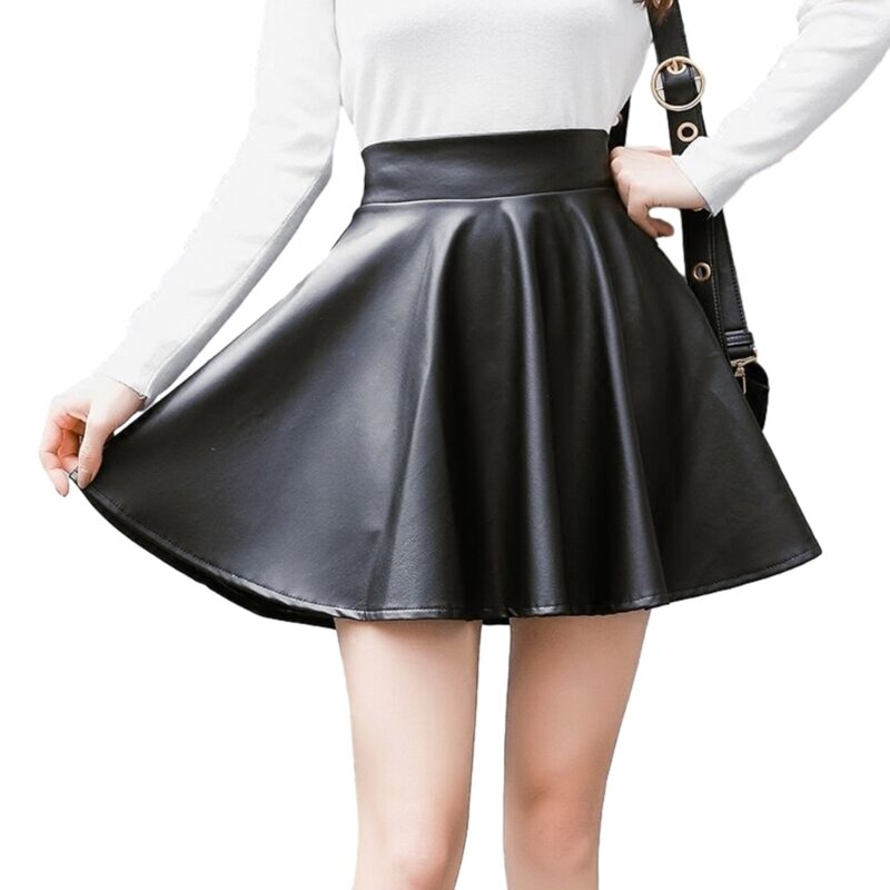 Womens Autumn PU Faux Leather Elastic High Waist A-Line Short Skirt Solid Color Pleated Flared Casual Mini Dropship