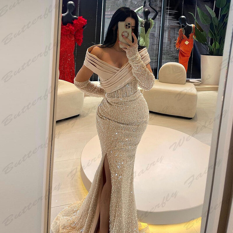 Luxurious Sparkling New Evening Dresses For Women Sexy Mermaid Off Shoulder Short Sleeve High Split Elegant Party Prom Gowns