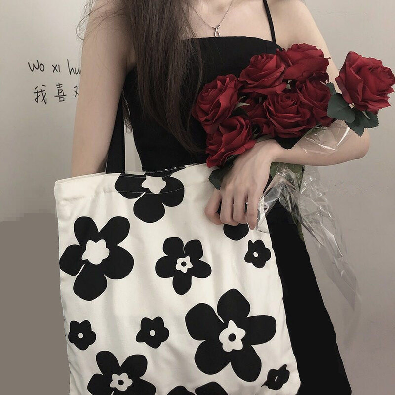 Sacola de grande capacidade para mulheres, bolsa de lona flores preto e branco, bolsa de ombro, nova