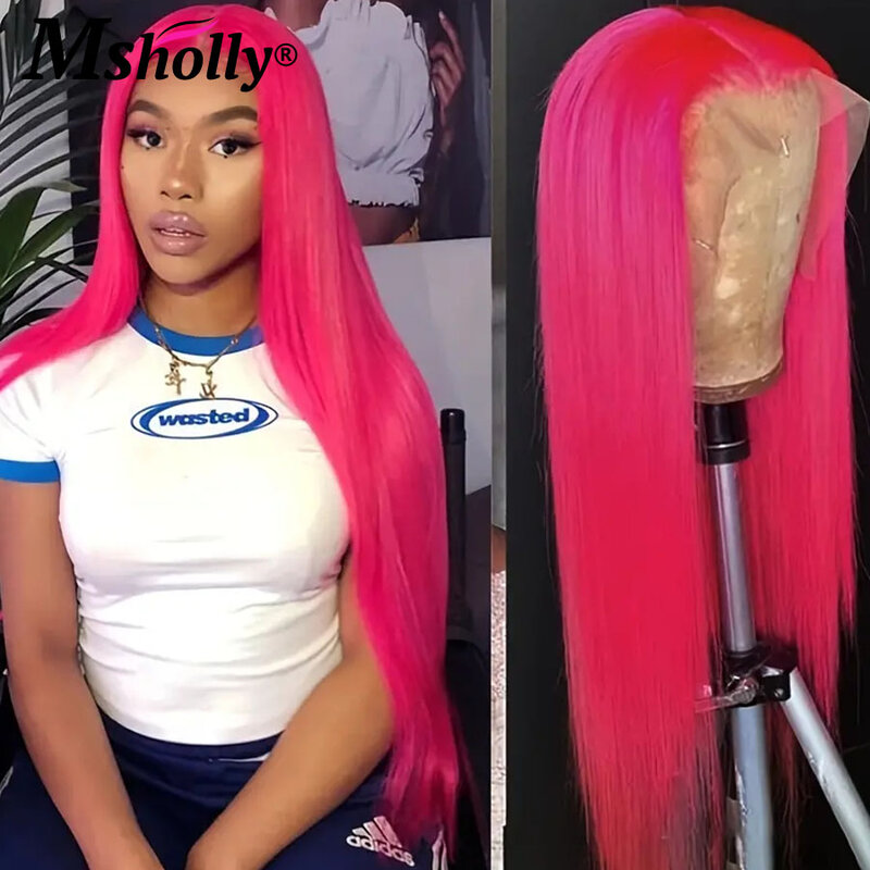 Hot Pink Bone Straight Wig 100% Human Hair Glueless Pink Colored 13x6 HD Lace Frontal Wigs For Women Pre Plucked Brazilian Wigs