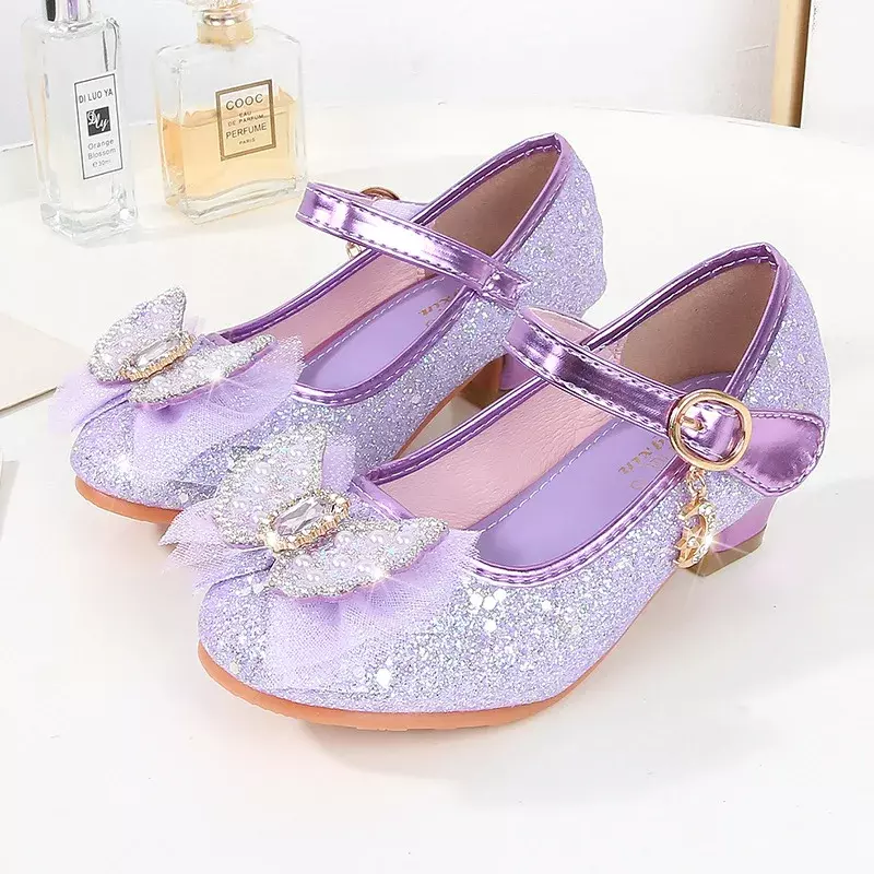 Zapatos de cuero Mary Jane con lentejuelas y pajarita para niña, zapatos de vestir informales para fiesta de boda, tacones altos con purpurina de princesa, moda para niños