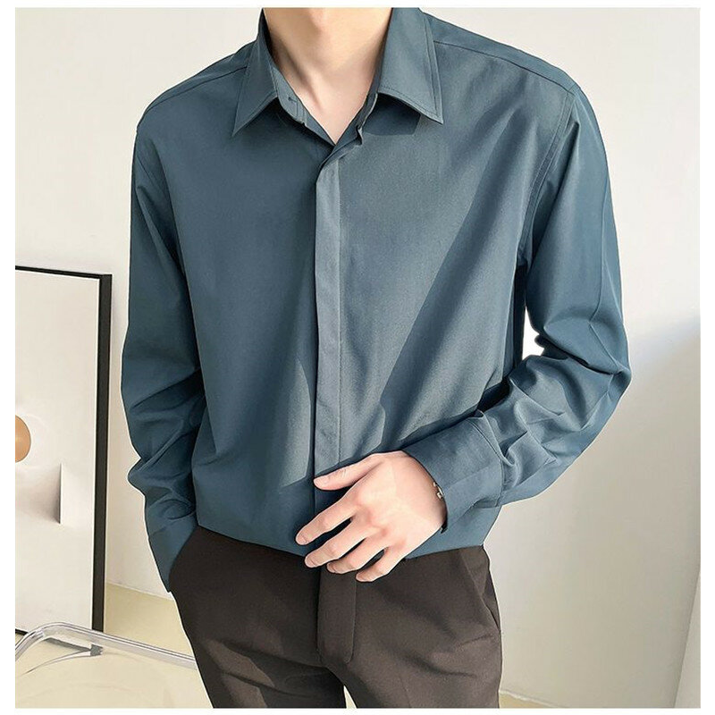 Camisa de manga larga sólida para hombre, camisa de alta calidad, estilo coreano, botón alto, tendencia suelta, Tops guapos, B0010