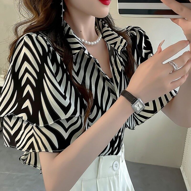 Chinese Style Retro Summer New Chiffon Blouses Women's Patchwork Printed Striped Button Polo-Neck Loose Butterfly Sleeve Shirts