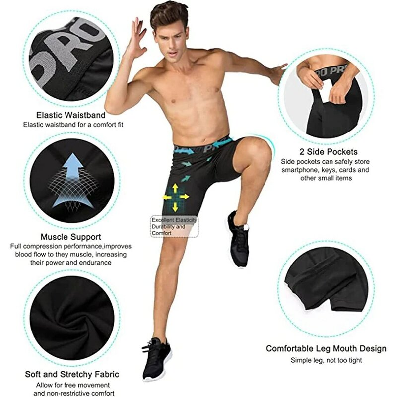 Herren Turnhose mit Taschen Workout Kompression gamaschen für Männer Polyester Boxershorts mit Basketball Sport Strumpfhosen