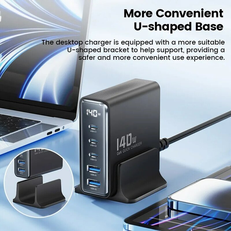 Toocki 데스크탑 고속 충전 USB C 타입 충전기, 아이폰 샤오미 스마트폰 노트북용 LED 디스플레이 충전기, 140W GaN, 5in 1