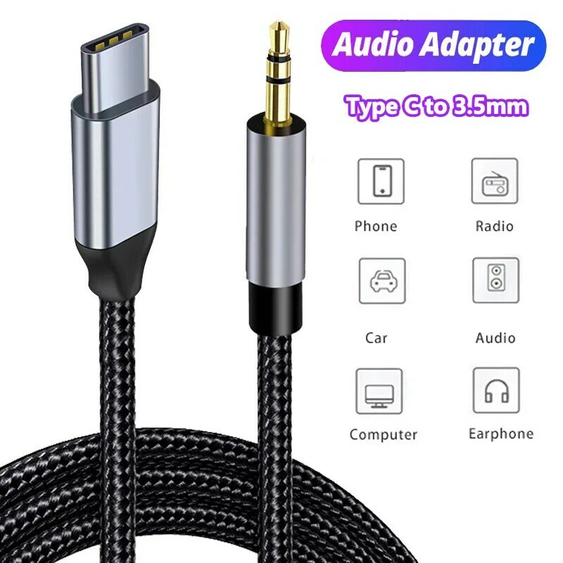 Cabo de Áudio AUX USB C para 3.5mm Jack Cabo AUX, Alto-falante do carro, Adaptador de Auscultadores, Samsung, Xiaomi, Huawei, Conversor Universal Tipo-C