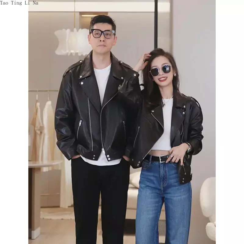 2023 Casual and Handsome Big Lapel Motorcycle Genuine Sheepskin Leather Jackets for Couples W30
