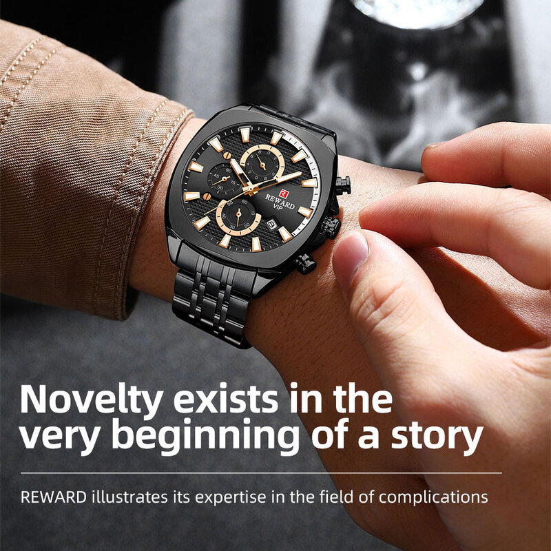 REWARD Men Watches Top Luxury Brand Sport Chronograph Quartz Wrist Watch Stainless Steel Waterproof Clock for Male