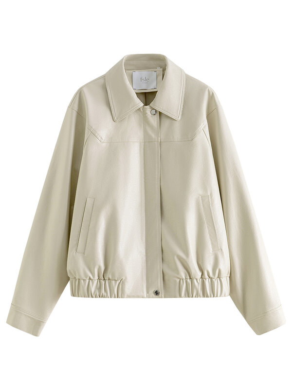 FSLE PU 여성용 레트로 짧은 재킷, 약간 떨어지는 소매 지퍼 플래킷, 가을 코트, 턴다운 칼라, 오피스 레이디 PU 코트