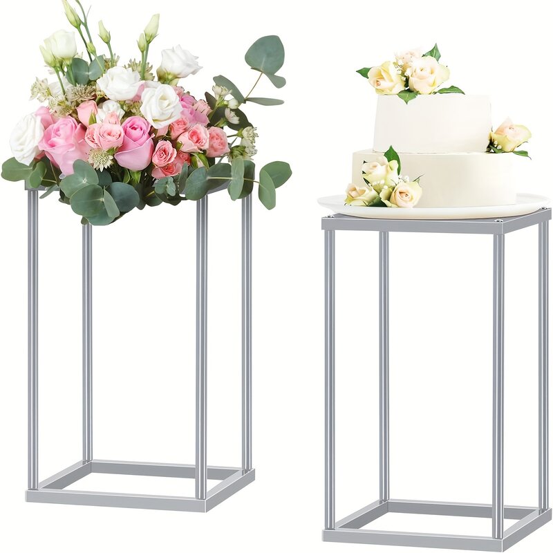 2pcs, Wedding Centerpieces For Tables With Mesh Plates, Metal Flower Vases For Centerpieces, 15.7in Column Geometric Pedestal St
