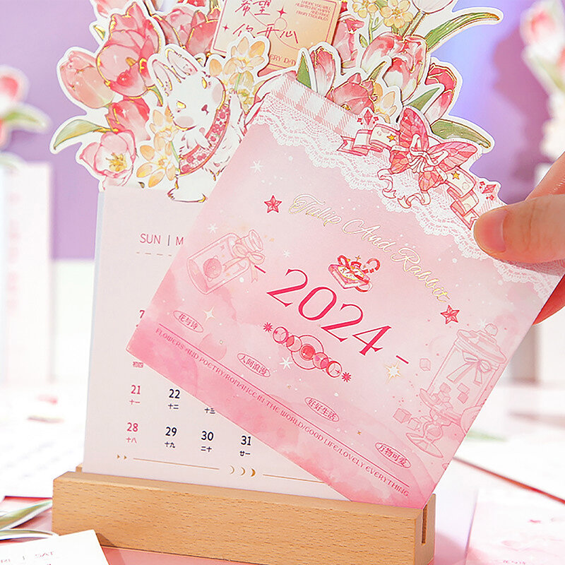 2024 kalender meja bunga indah kreatif kartu kayu kalender kualitas tinggi Desktop Illustrator perlengkapan dekorasi