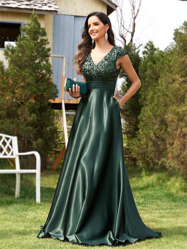 Lucyinlove elegante V-Ausschnitt grün Pailletten Abendkleid lang 2024 Luxus Frauen Satin Kurzarm Party kleid Abschluss ball Cocktail kleid