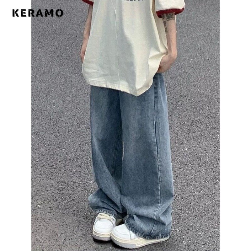 American Retro Light Blue Straight Jeans Pockets Hip-hop Pants 2024 Spring Women's Casual Y2K Grunge Streetwear Denim Trouser