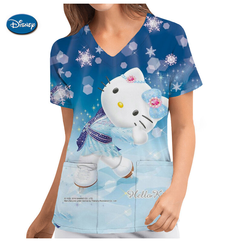 Hello Kitty Print Nurse Uniform Womens Cartoon Print Nurse Working Blouse Pockets Tunic Medical Healthcare Carer Scrubs