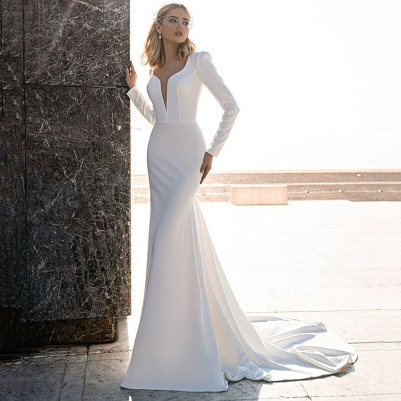 Lovedress-シンプルなVネックのウェディングドレス,取り外し可能なトレイン,長袖,ボタン,モダンなマーメイド,花嫁のための背中の開いたドレス