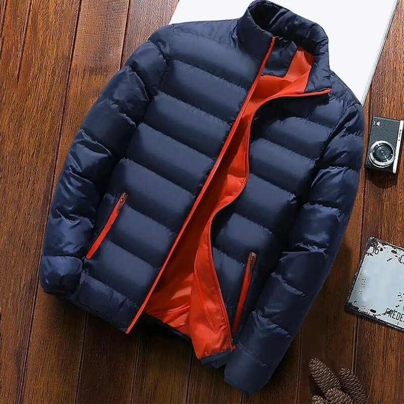 Men Winter Coat Padded Thick Zipper Closure Stand Collar Long Sleeve Warm Jacket