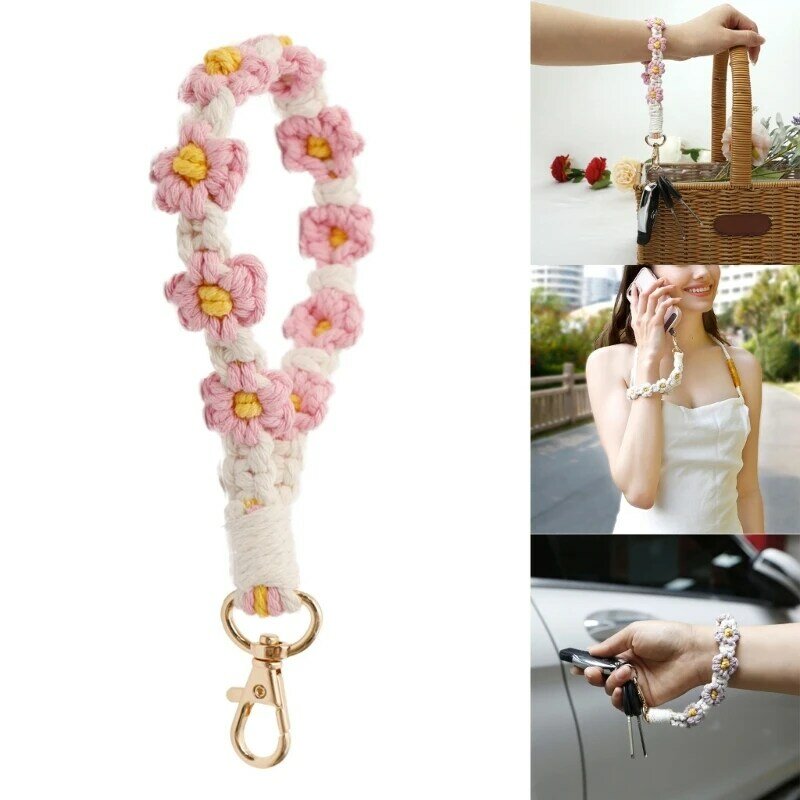 Handmade Bohemia Flower Keychain, Pulseira Vintage, Crochet Keyring, Cute Flower Keychain Acessórios, Handwoven Gift, A2ES