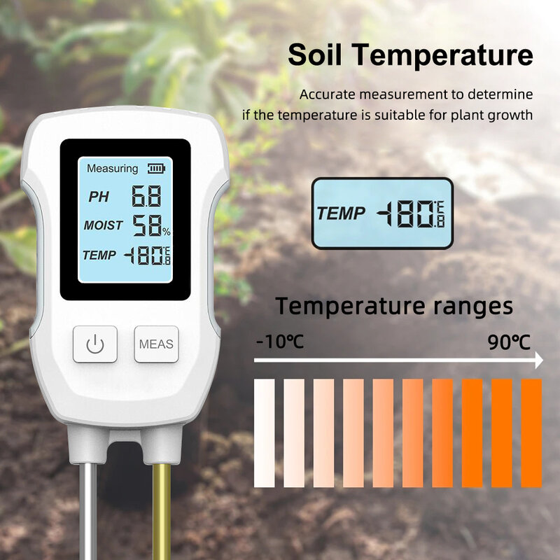 เครื่องทดสอบดิน LCD แบบดิจิตอล, PH/ความชื้น/อุณหภูมิ3.0-9เครื่องวัดค่า pH เครื่องวัดความชื้นเซ็นเซอร์โลหะทนความร้อนสำหรับพืชดอกไม้ทำสวน