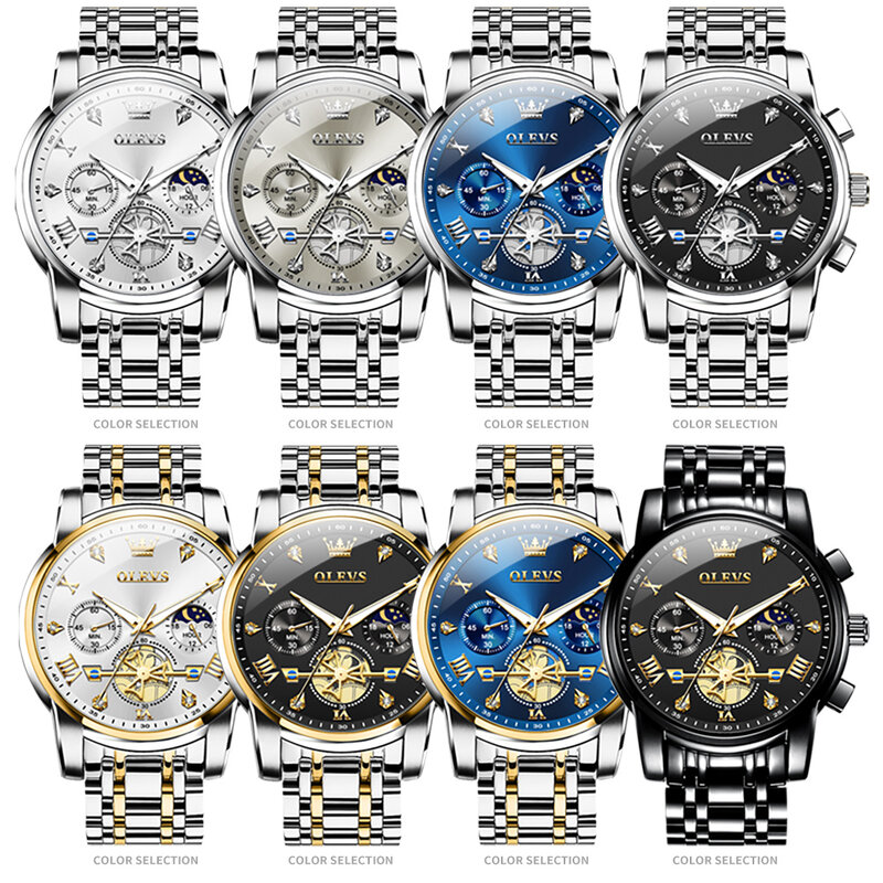 ساعة OLEVS-ساعة كوارتز بسوار من الفولاذ المقاوم للصدأ للرجال ، ساعة يد رجالية ، كرونوغراف مقاوم للماء ، مرحلة القمر ، علامة تجارية فاخرة أصلية