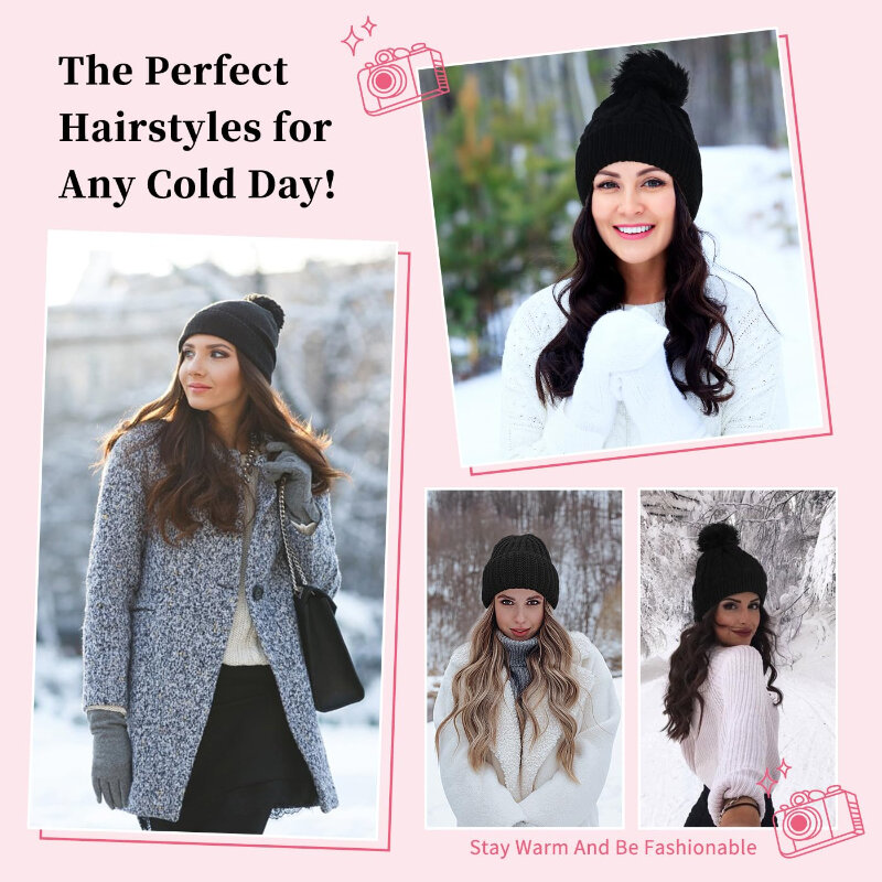 女性用ロングカーリーウェーブヘアエクステンション、ブリムレスウィッグキャップ、取り外し可能な人工毛、帽子、ファッション、冬用